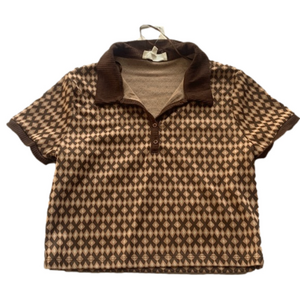 Nwt New Pink Rose Y2K Cropped Geometric Mod Brown Polo Shirt Top Large